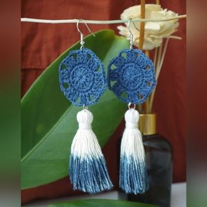 Handmade Indigo Boho Cotton Crochet Earrings